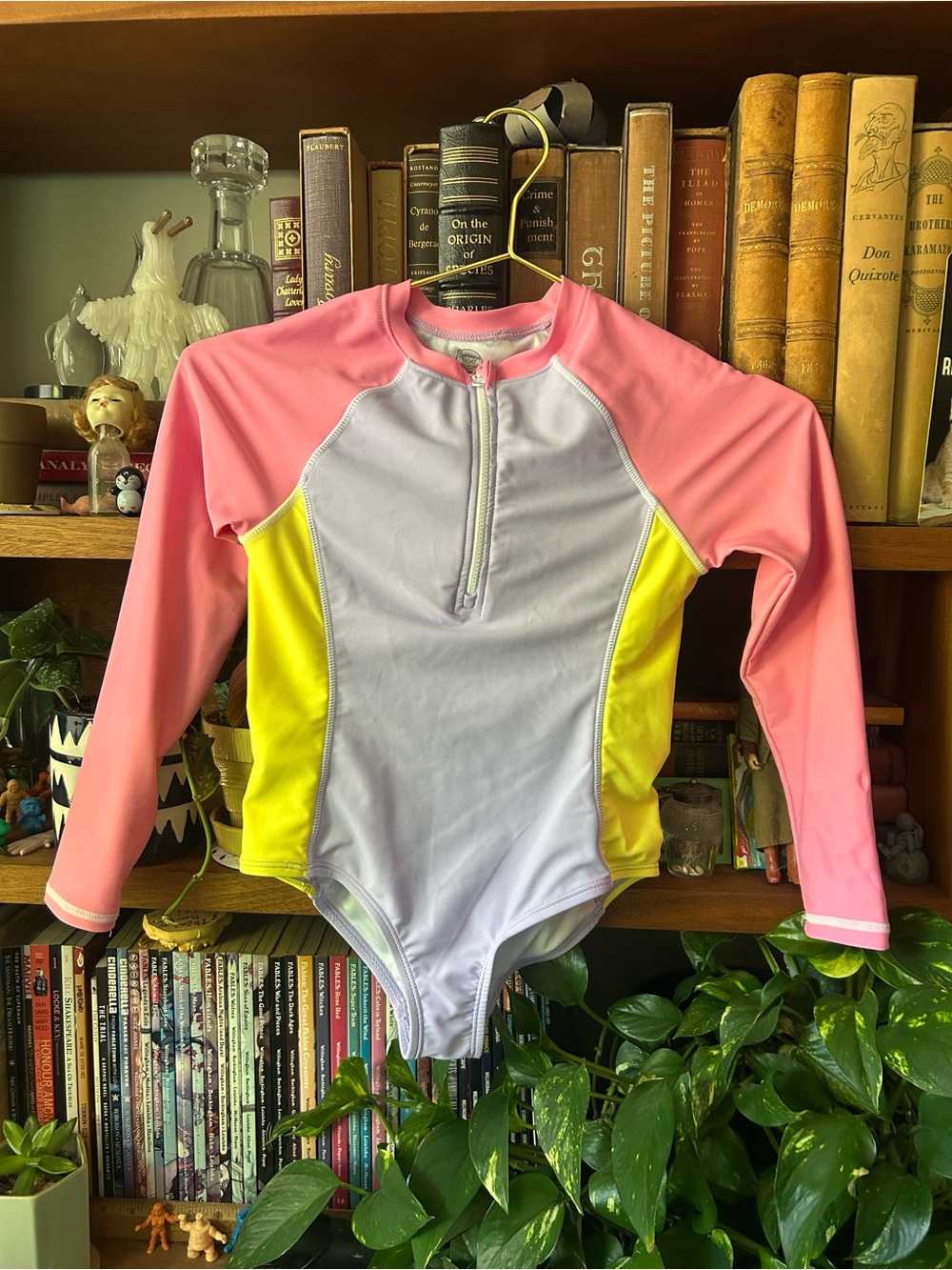 Kids Long Sleeve Rash Guard One-Piece Swimsuit - Pink, Yellow & Purple